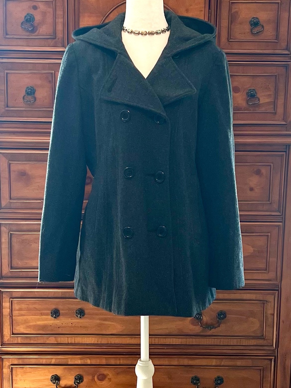 Anne Klein Black Double-Breasted Hooded Peacoat